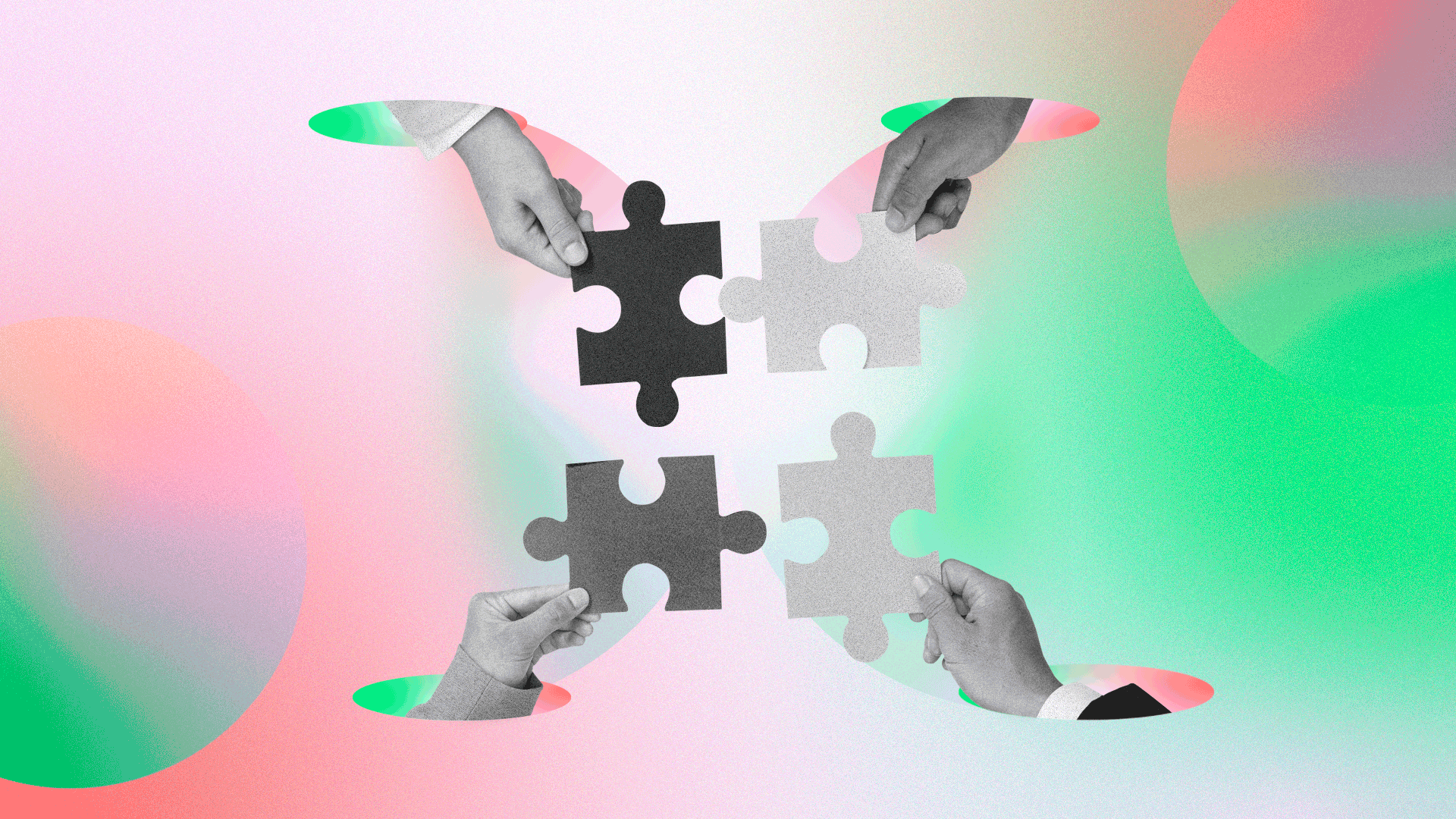 Imagem de quatro mãos segurando quatro peças de quebra-cabeça que se encaixam em referência ao artigo sobre cooperativismo